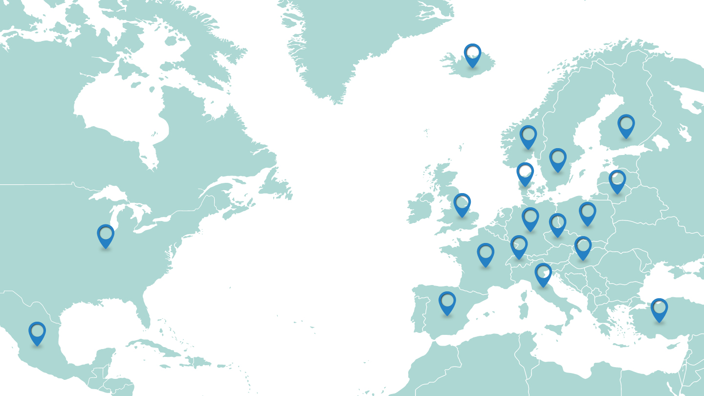 Kyocera Unimerco-Standorte, die mit Stecknadeln auf einer Weltkarte angezeigt sind